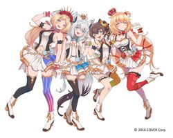  1st_generation_(hololive) 4girls ahoge akai_haato aki_rosenthal animal_ear_fluff animal_ears arm_up armlet asymmetrical_legwear back_bow bare_shoulders belt black_tail black_thighhighs blonde_hair blue_eyes blue_thighhighs blush bob_cut boots bow bow_skirt braid breasts brown_hair cleavage clothing_cutout commentary_request company_name copyright_notice crown detached_hair flower flower_wreath fox_ears fox_girl fox_tail gloves green_eyes hair_between_eyes hair_ornament hair_ribbon halter_shirt halterneck hand_up hands_up headgear heart holding_hands hololive hololive_idol_uniform idol_clothes large_bow large_breasts layered_skirt leg_up long_hair looking_at_viewer low_twintails medium_hair miniskirt mismatched_legwear mismatched_thighhighs multiple_girls natsuiro_matsuri navel navel_cutout official_alternate_costume official_art one_eye_closed one_side_up open_mouth parted_bangs purple_eyes red_flower red_rose red_thighhighs ribbon rose shirakami_fubuki short_hair side_ponytail sidelocks simple_background single_braid single_thighhigh skirt skirt_set sleeveless small_breasts smile standing striped_clothes striped_thighhighs tail thigh_strap thighhighs twintails two-tone_tail vertical-striped_clothes vertical-striped_thighhighs very_long_hair vinhnyu virtual_youtuber white_background white_bow white_footwear white_gloves white_hair white_skirt white_tail white_thighhighs wrist_cuffs 