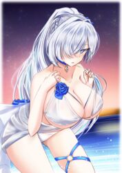  azur_lane bare_shoulders belt bikini blue_choker blue_eyes blue_flower blush border breasts brennus_(azur_lane) brennus_(musician_on_blade&#039;s_precipice)_(azur_lane) choker cleavage collarbone commentary_request female flower flower_bikini hair_intakes hair_over_one_eye hands_on_own_chest high_ponytail huge_breasts looking_at_viewer official_alternate_costume outside_border parted_lips sky solo star_(sky) starry_sky sunset swimsuit tetsuhige thigh_belt thigh_strap water white_bikini white_border white_hair 