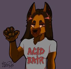  acid_bath animal_humanoid anthro band_logo band_shirt broad_shoulders brown_body brown_fur brown_hair canid canid_humanoid canine canine_humanoid canis clothing domestic_dog fur german_shepherd hair herding_dog hi_res humanoid long_hair male mammal mammal_humanoid metal_(genre) orange_eyes pastoral_dog pawpads shirt solo tan_body tan_fur taoreta topwear white_clothing white_shirt white_topwear 