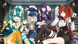  4girls ace_(playing_card) ace_of_hearts ace_of_spades aqua_thighhighs arisu_oshiro armband asymmetrical_legwear asymmetrical_sleeves bandaid bandaid_on_arm bandaid_on_face black_armband black_dress black_gloves black_hair black_hat black_shorts black_sleeves black_thighhighs black_tiara blonde_hair blue_hat blue_skirt bone_hair_ornament bow bowtie braid breasts card chio_chompi cleavage clock collar colored_tips commentary daiya_fortuna deerstalker detached_sleeves dinosaur_girl dinosaur_horns dress english_commentary glasses gloves green_eyes green_hair green_nails grey_eyes grey_hair hair_ornament hat heart heterochromia high-waist_shorts highres holding holding_card horizontal-striped_thighhighs horns hourglass kanna_yanagi kurot long_hair loose_socks metal_collar mini_hat mismatched_legwear multicolored_hair multiple_girls open_mouth orange_bow orange_bowtie pink_eyes pixellink plaid plaid_skirt playing_card purple_hair red_eyes red_hair second-party_source sharp_teeth shirt short_hair shorts skirt sleeveless sleeveless_dress smile socks spade_(shape) striped_clothes striped_thighhighs teeth thighhighs tiara torn_clothes torn_thighhighs virtual_youtuber white_shirt white_thighhighs yellow_eyes yellow_socks yellow_thighhighs 