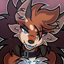  1:1 anthro blep blue_eyes blue_innards blue_tongue brown_hair canid canine cheek_tuft chest_tuft circle_eyebrows collar demon eyebrows eyeshadow facial_tuft fangs feminine fluffy_mane fox fur hair hair_over_eye hi_res humanoid inner_ear_fluff long_hair makeup male mammal maned_wolf mascara one_eye_obstructed orange_body orange_fur protruding_teeth rei_(character) seductive solo tan_body tan_fur teasing teasing_viewer teeth tongue tongue_out tuft yokai_rei_(artist) 