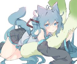  animal_ears aqua_trim bare_shoulders black_skirt black_sleeves blue_eyes blue_hair blue_nails blue_tail blush cat_ears cat_girl cat_tail chinese_commentary closed_mouth collared_shirt commentary feet_out_of_frame female food frilled_shirt frilled_shirt_collar frills frown grey_shirt hair_between_eyes hair_ornament hair_spread_out hatsune_miku holding holding_food kemonomimi_mode long_hair long_sleeves looking_at_viewer lying miniskirt nail_polish nekonika_(e102k) on_stomach oversized_food oversized_object shirt sidelocks simple_background skirt sleeveless sleeveless_shirt spring_onion tail twintails vocaloid white_background 