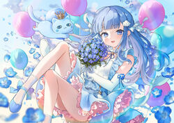  balloon blue_bow blue_cat blue_dress blue_eyes blue_flower blue_footwear blue_hair blue_sky blunt_bangs blush bow character_request cloud cloudy_sky copyright_request crown day detached_collar dress elbow_gloves feline female floating floating_clothes flower flower_ornament frilled_dress frills gloves gradient_hair hair_flower hair_ornament hair_ribbon happy highres long_hair multicolored_hair nekoyashiki_pushio nemophila_(flower) open_mouth outdoors ribbon sky socks solo tongue virtual_youtuber white_flower white_gloves white_ribbon white_socks 