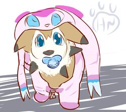  ageplay canid canine canis clothing domestic_dog eeveelution feral generation_6_pokemon generation_7_pokemon hangyakuneko hi_res infantilism lycanroc mammal midday_lycanroc nintendo onesie pacifier pajamas pokemon pokemon_(species) roleplay sylveon 