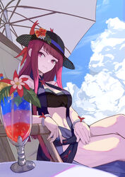  black_hat blue_one-piece_swimsuit casual_one-piece_swimsuit clothing_cutout dress_swimsuit drink female fire_emblem fire_emblem_engage fire_emblem_heroes flower flower_umbrella hat hat_flower highres ivy_(fire_emblem) ivy_(summer)_(fire_emblem) mole mole_on_cheek mole_under_mouth navel official_alternate_costume one-piece_swimsuit oramustat see-through see-through_headwear solo stomach_cutout swimsuit tropical_drink umbrella_flower 