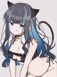  animal_ears black_hair blue_hair breasts cat_cutout cat_ears cat_lingerie cleavage clothing_cutout colored_inner_hair fate/grand_order fate_(series) female grey_eyes highres long_hair looking_at_viewer mati5572 meme_attire multicolored_hair navel smile solo tenochtitlan_(fate) tongue tongue_out two-tone_hair wavy_hair white_background 