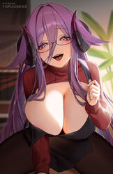  apron azur_lane black_apron blush breasts cleavage cleavage_cutout clothing_cutout curled_horns female friedrich_carl_(a_game_of_love)_(azur_lane) friedrich_carl_(azur_lane) highres horns large_breasts long_hair long_sleeves looking_at_viewer open_mouth pantyhose purple_eyes purple_hair red_sweater smile solo sweater thighs tofuubear 