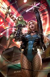  1boy armor arrow_(projectile) beard black_canary black_choker black_gloves black_jacket black_leotard blonde_hair blue_leotard bow_(weapon) choker dc_comics dcwj facial_hair female fishnet_pantyhose fishnets gloves green_arrow green_arrow_(series) green_eyes green_gloves green_hood highres holding holding_microphone indoors jacket leotard long_hair microphone moustache open_clothes open_jacket open_mouth pantyhose speaker teeth two-tone_leotard v weapon 