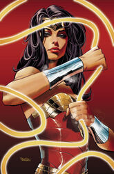  bare_shoulders black_hair blue_eyes bracer breasts corset dc_comics female gradient_background highres holding_lasso lasso lasso_of_truth long_hair looking_at_viewer red_background red_corset signature small_breasts solo tiara upper_body urbanbarbarian wonder_woman wonder_woman_(series) 