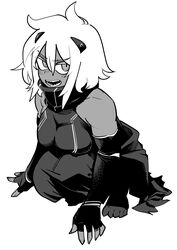  :o absurdres bare_shoulders black_gloves breast_press dark-skinned_female dark_skin female fingerless_gloves flow_(kanke_(kank06020602)) gloves greyscale hair_ornament high_collar highres kanke_(kank06020602) long_bangs looking_at_viewer messy_hair monochrome open_mouth original sharp_teeth solo squatting sun_glare teeth tiptoes toeless_legwear toes white_hair 