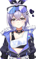  absurdres black_choker black_jacket black_ribbon black_tank_top choker commentary crop_top eyewear_on_head female grey_eyes grey_hair hair_ribbon heart highres honkai:_star_rail honkai_(series) jacket midriff ribbon shirt short_hair silver_wolf_(honkai:_star_rail) simple_background solo sunglasses tank_top upper_body uuc_(yuyudanngo) white_background white_shirt 