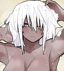  absurdres armpits arms_up breasts collarbone dark-skinned_female dark_skin dripping female fingernails flow_(kanke_(kank06020602)) grey_eyes highres kanke_(kank06020602) large_breasts long_bangs one_eye_closed original shampoo shower_(place) showering soap_bubbles solo washing_hair wet yellow_background 