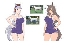  2girls :q animal_ears arm_at_side arrow_(symbol) bare_shoulders black_hair blue_bow blue_one-piece_swimsuit blunt_bangs blunt_ends bow breasts brown_hat chin_strap cleavage closed_eyes collarbone commentary competition_school_swimsuit contrapposto covered_navel cowboy_shot creature_and_personification dark-skinned_female dark_skin ear_bow ear_covers facing_viewer flat_color flipped_hair fukuro_(maruaru00) gold_ship_(racehorse) gold_ship_(umamusume) grey_hair hair_between_eyes hand_on_own_hip hat highres horse horse_ears horse_girl horse_tail kurofune_(racehorse) long_hair looking_at_viewer multiple_girls official_alternate_costume one-piece_swimsuit perry_steam_(umamusume) photo_inset pillbox_hat real_life red_eyes school_swimsuit sideboob sidelocks single_vertical_stripe smile swept_bangs swimsuit tail thick_thighs thighs toned toned_female tongue tongue_out tracen_swimsuit umamusume umamusume:_beginning_of_a_new_era very_long_hair wavy_hair wide_hips 