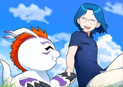  bandai_namco blue_hair claws digimon digimon_(species) duo eyewear feral fur glasses gomamon grin hair hand_holding hsnkz809 human joe_kido male mammal red_hair smile white_body white_fur 