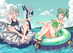  2girls absurdres alternate_costume barefoot bikini casual_one-piece_swimsuit clover commission commissioner_upload dorsiflexion english_commentary eyewear_on_head feet fire_emblem fire_emblem_fates floral_print flower green_bikini green_hair grey_one-piece_swimsuit hair_bun highres igni_tion innertube kana_(female)_(fire_emblem) kana_(fire_emblem) knees_up legs midori_(fire_emblem) multiple_girls non-web_source one-piece_swimsuit sandals short_twintails sky sunglasses swim_ring swimsuit toenails toes twintails water white_hair 