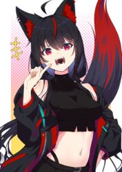  +++ ahoge animal_ear_fluff animal_ears black_hair black_jacket black_panties black_shirt black_shorts border braid breasts chocolate commentary_request crop_top earrings extra_ears female food_in_mouth fox_ears fox_girl fox_tail hair_between_eyes halter_shirt halterneck highleg highleg_panties highres hololive index_finger_raised jacket jewelry kurokami_fubuki long_hair looking_at_viewer medium_breasts midriff namikawa_kuroha navel open_clothes open_jacket open_mouth panties pentagram pointing pointing_at_self red_eyes red_hair shirt short_shorts shorts sidelocks single_braid solo tail underwear virtual_youtuber 