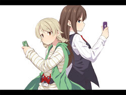  2girls bad_id bad_pixiv_id black_pants black_vest blue_eyes brown_eyes brown_hair closed_mouth cosplay double_driver gaia_memory green_jacket henshin_pose hidari_shoutarou hidari_shoutarou_(cosplay) holding hood hood_down hooded_jacket idolmaster idolmaster_cinderella_girls jacket kamen_rider kamen_rider_w letterboxed long_hair morikubo_nono multiple_girls open_clothes open_jacket pants philip_(kamen_rider) philip_(kamen_rider)_(cosplay) pose profile ringlets shibuya_rin shirt simple_background sleeveless sleeveless_jacket striped_clothes striped_shirt uccow very_long_hair vest white_background white_shirt 