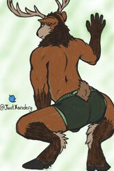  2:3 anthro antlers ass brisben brown_body brown_fur bulge butt_focus cervine crouching deer foot_tuft fur hand_on_wall heel_tuft hi_res hooves horn inner_ear_fluff looking_at_viewer male mammal multicolored_body muscular muscular_male orange_body orange_fur red_deer scut_tail short_tail solo squatting_position tail tail_tuft tan_body tan_fur tuft unguligrade unguligrade_anthro xanderg_(artist) 