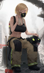  absurdres artist_name axe bare_shoulders black_footwear black_sports_bra blonde_hair boots breasts brown_pants building city cleavage collarbone commentary dirty dirty_clothes dirty_face english_commentary female fire_axe fire_helmet fire_truck firefighter full_body hair_behind_ear helmet highres holding holding_towel jersey_barrier large_breasts looking_to_the_side mask midriff motor_vehicle navel no_jacket original outdoors oxygen_tank pants pigone respirator roadblock rubble ruins short_hair sidelocks sitting skyscraper smoke solo sports_bra towel towel_around_neck truck unworn_headwear unworn_helmet yellow_eyes 