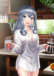  blue_eyes blue_hair blush breasts coffee coffee_mug coffee_pot commentary_request cup dress_shirt enemy_lifebuoy_(kancolle) female gotland_(kancolle) hair_between_eyes kantai_collection kitchen long_hair long_sleeves looking_at_viewer medium_breasts mole mole_under_eye mug mug_writing naked_shirt no_bra no_pants print_mug shirt solo unowen white_shirt window 