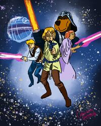  armor blaster blonde_hair boots bottomwear canid canine canis clothed clothing crossover daphne_blake darth_vader death_star domestic_dog dress female footwear fred_jones fully_clothed group gun hair han_solo hanna-barbera headgear helmet holding_gun holding_object holding_ranged_weapon holding_weapon human human_focus leia_organa lightsaber luke_skywalker male mammal melee_weapon pants parody ranged_weapon red_hair red_lightsaber science_fiction scooby-doo scooby-doo_(series) shaggy_rogers shirt star_wars topwear velma_dinkley vest weapon 