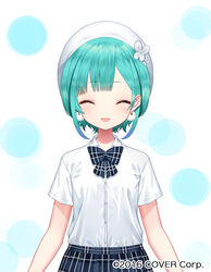  2016 arms_at_sides bangs bow bowtie closed_eyes collared_shirt company_name copyright earrings facing_viewer female green_hair hat hololive jewelry official_art open_mouth pom_pom_(clothes) pom_pom_earrings shirt short_hair skirt smile solo underwear uruha_rushia yasuyuki 