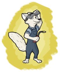  2020 anothercolouranon anthro arctic_fox barefoot black_nose blowtorch canid canine clothed clothing disney feet fox fully_clothed fur holding_object holding_tool looking_at_viewer mammal overalls skye_(zootopia) smile solo standing tools true_fox white_body white_fur zootopia 