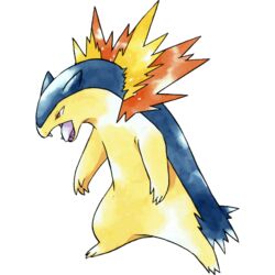  1998 1:1 3_toes 4_fingers alpha_channel blue_back ears_back fangs feet fingers fire generation_2_pokemon ken_sugimori nintendo official_art open_mouth pivoted_ears pokemon pokemon_(species) portrait red_eyes solo teeth toes tongue typhlosion yellow_body 