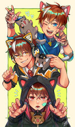  3boys absurdres animal animal_ear_headphones animal_ears animal_hands animal_hood animal_on_shoulder backwards_hat baseball_cap black_headwear black_jacket blue_eyes blue_headwear blue_shirt boboiboy boboiboy_(character) boboiboy_cyclone boboiboy_galaxy boboiboy_quake boboiboy_thunderstorm border brown_cat brown_hair cat_boy cat_ear_headphones cat_ears cat_hood cat_on_shoulder claw_pose commentary english_commentary fake_animal_ears feline fingerless_gloves gloves green_background grey_cat grey_gloves hair_between_eyes hat headphones highres hood hood_up hooded_jacket jacket looking_at_animal looking_at_viewer male_focus multicolored_hair multiple_boys multiple_persona one_eye_closed open_mouth outside_border paw_gloves pawpads red_eyes shirt short_hair signature simple_background smile streaked_hair teeth v white_hair yellow_eyes yellow_jacket yukiredmix 