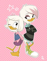  2018 anatid anseriform anthro avian beak biped bird clothed clothing crossed_arms disney duck ducktales ducktales_(2017) duo feathers female footwear full-length_portrait hair hi_res lena_(ducktales) one_eye_closed outline pink_background portrait pumo_hyena shoes simple_background smile star webby_vanderquack white_body white_feathers young 