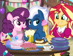  2016 cake cookie cupcake dessert detailed_background equestria_girls equid equine feathered_wings feathers female feral food friendship_is_magic group hasbro horn mammal my_little_pony mythological_creature mythological_equine mythology night_glider_(mlp) pastry pegasus pie pixelkitties sugar_belle_(mlp) sunset_shimmer_(eg) unicorn wings 