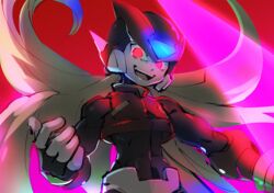  1boy android bad_id bad_twitter_id blonde_hair energy_blade energy_sword glowing glowing_eyes grin holding holding_weapon kon_(kin219) long_hair male_focus mega_man_(series) mega_man_zero_(series) mega_man_zero_3 omega_(mega_man) open_mouth red_background red_eyes simple_background smile solo sword teeth upper_body weapon 