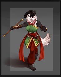  action_pose anthro bear black_hair female giant_panda hair heart_(marking) hi_res jewelry knife majorra mammal markings necklace oriental_clothing padunk pink_eyes pose simple_background solo staff 