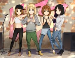  4girls akiyama_mio backwards_hat black_hair blonde_hair blue_eyes brown_eyes brown_hair full_body gang_sign graffiti hair_ornament hairclip hat highres hirasawa_yui hood hoodie k-on! kotobuki_tsumugi legs long_hair looking_at_viewer midriff multiple_girls navel pantyhose sendo_(sendrawz) short_hair speaker tainaka_ritsu tank_top 