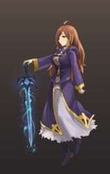  ahoge breasts brown_hair cakefriend cross female frostmourne full_body highres kono_subarashii_sekai_ni_shukufuku_wo! large_breasts long_hair simple_background skirt solo sword tagme warcraft_3 weapon wiz_(konosuba) 