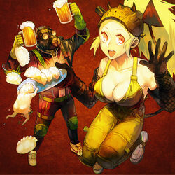  1boy :d alcohol bare_shoulders beer blonde_hair breasts caiman_(dorohedoro) cleavage commentary_request demon_horns demon_tail dorohedoro dumpling female food gas_mask gloves gyoza_man horns jiaozi large_breasts long_hair looking_at_viewer mask mask_on_head nikaidou_(dorohedoro) open_mouth panco plate ponytail red_eyes smile tail waving 