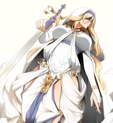  black_blindfold blindfold blonde_hair breasts breasts_apart bridal_gauntlets cloak commentary_request covered_eyes dress dutch_angle female goblin_slayer! gold_trim groin habit holding holding_sword holding_weapon jewelry large_breasts long_hair navel necklace no_bra no_panties pelvic_curtain photoshop_(medium) priestess ryu_jiao saint sidelocks simple_background solo sword sword_maiden underbust very_long_hair weapon white_background white_cloak white_dress 