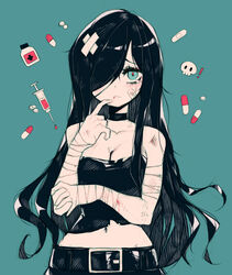  ! aria_wintermint bandage_on_face bandaged_arm bandages bare_shoulders belt belt_buckle black_belt black_choker black_hair black_shirt blood blood_from_mouth breasts bruise_on_arm bruised_chest buckle choker cleavage collarbone english_commentary female green_background green_eyes hair_over_one_eye hands_up highres large_breasts light_blush long_hair medicine_bottle midriff navel parororo pill red_pupils shirt simple_background skull solo syringe tears the_crawling_city torn_clothes torn_shirt upper_body 