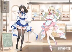  2girls apron arm_behind_head armpits artist_request black_footwear black_hair black_thighhighs blonde_hair blue_bow blue_bowtie blue_dress blue_eyes blue_gemstone blush bow bowtie breasts bridal_garter brown_dust_2 brown_eyes cafe cake chalkboard_sign character_doll cleavage copyright_name cream_on_breasts cupboard demon_horns display_case dress duster embarrassed eyebrows_hidden_by_hair food gem gloves hair_between_eyes high_heels holding holding_duster holding_tray holding_whisk horns justia_(brown_dust) large_breasts large_ribbon maid maid_apron maid_headdress multiple_girls official_art open_mouth pink_footwear ribbon scheherazade_(brown_dust) second-party_source short_hair skindentation small_horns standing standing_on_one_leg strawberry_cake teapot thighhighs tray waist_ribbon whisk white_apron white_gloves white_headdress white_ribbon yuri_(brown_dust) 