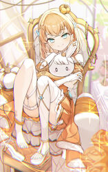  aqua_eyes asymmetrical_gloves barefoot chromatic_aberration commentary_request crossed_bangs crown dress elbow_gloves female fingerless_gloves full_body garter_belt gloves grin haidollo hair_ornament heart highres hinoshita_kaho holding hugging_doll hugging_object knees_up link!_like!_love_live! looking_at_viewer love_live! medium_hair mini_crown mismatched_gloves off-shoulder_dress off_shoulder orange_dress orange_gloves orange_hair over-kneehighs partial_commentary puffy_short_sleeves puffy_sleeves rabbit_hair_ornament sandals short_sleeves sidelocks single_fingerless_glove single_sandal sitting sitting_on_throne smile solo stuffed_animal stuffed_rabbit stuffed_toy thighhighs tilted_hat two_side_up unworn_crown virtual_youtuber white_crown white_gloves white_thighhighs yellow_crown 