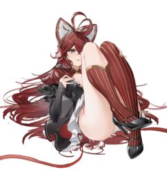  absurdres asymmetrical_legwear azur_lane black_footwear crossed_bangs female flantia fleuret_(azur_lane) grey_eyes hair_spread_out high_heels highres knees_up long_hair long_sleeves looking_at_viewer lying on_back panties red_hair red_socks single_sock single_thighhigh socks solo striped_clothes striped_socks striped_thighhighs thighhighs underwear vertical-striped_clothes vertical-striped_socks vertical-striped_thighhighs very_long_hair white_panties 