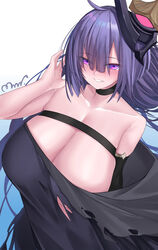  azur_lane bare_shoulders black_dress blush breasts choker cleavage collarbone dress elbow_gloves female gloves grin hair_ornament hair_over_one_eye highres huge_breasts long_hair looking_at_viewer mogador_(azur_lane) mrnn purple_eyes purple_hair smile solo 