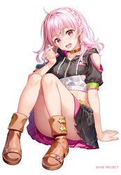  :d arm_support bare_shoulders black_jacket black_skirt boots braid breasts brown_footwear clothing_cutout collarbone commentary_request convenient_leg cropped_jacket drawstring female finger_heart fujima_takuya full_body hair_between_eyes hand_up head_tilt highspeed_etoile jacket looking_at_viewer midriff pink_hair pleated_skirt puffy_short_sleeves puffy_sleeves red_eyes rindo_rin short_sleeves shoulder_cutout simple_background skirt small_breasts smile solo star_(symbol) teeth upper_teeth_only white_background 