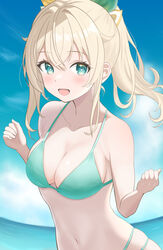  absurdres bikini blonde_hair blue_sky blush breasts female green_bikini green_eyes hair_ornament highres hololive kazama_iroha large_breasts looking_at_viewer navel outdoors ponytail seriponpoyon sky solo swimsuit upper_body virtual_youtuber water 