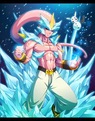  1boy abs demon dragon_ball dragon_ball_z evil fist fusion head_tail ice kyurem majin_buu muscle night pikachu pink_skin pokemon smile snow solo tomycase topless 