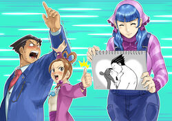  1boy 2girls apollo_justice:_ace_attorney arm_grab arm_up artist_name black_hair blue_hair blush brown_hair closed_eyes commentary_request drawing formal ganguro_(zerodigiporu) gyakuten_saiban hair_bobbles hair_ornament hair_rings highres japanese_clothes kimono kissing magatama maya_fey multiple_girls naruhodou_ryuuichi necktie objection overalls pearl_fey phoenix_wright:_ace_attorney_-_dual_destinies pointing ribbon short_hair smile speed_lines suit sweat sweater thumbs_up trembling vera_misham wrist_ribbon 