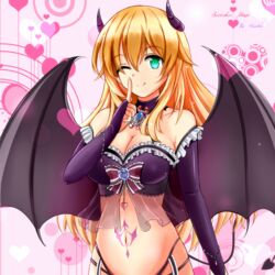  ;) alternate_costume atago_(kancolle) bare_shoulders bat_wings blonde_hair breasts bridal_gauntlets character_name cleavage closed_mouth commentary_request demon_girl demon_horns demon_tail female green_eyes heart highres horns kantai_collection large_breasts long_hair looking_at_viewer navel one_eye_closed saber-freedom smile solo tail tattoo wings 