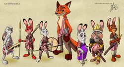  2017 3_toes 4_fingers a_rabbit_clan&#039;s_fox anthro armor auburn_fur bandage belly big_belly blue_eyes bonnie_hopps bronze_age bronze_sword bronze_weapon brooch brown_body brown_fur cane canid canine celt celtic clothed clothing club_(weapon) cotton_hopps dipstick_ears disney dyed_fur ear_markings english_text facial_scar fan_character feet female fingers fox fur great_kilt green_eyes group hand_on_hip headgear helmet holding_melee_weapon holding_object holding_sword holding_weapon javelin judy_hopps kilt lagomorph leporid looking_at_viewer male mammal melee_weapon multicolored_ears nick_wilde notched_ear orange_body orange_fur pattern_clothing plaid plaid_clothing polearm pregnant purple_eyes rabbit red_body red_fox red_fur robertfiddler round_shield scabbard scar shawl sheathed_weapon shield signature size_difference smile spear sporran standing stu_hopps sword text toes true_fox weapon yellow_eyes zootopia 