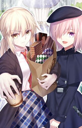  2girls :d artoria_pendragon_(fate) bag beret blonde_hair blue_dress blue_hat blue_skirt brown_eyes brown_jacket closed_mouth collared_shirt commentary cup disposable_coffee_cup disposable_cup dress fate/grand_order fate/stay_night fate_(series) fingernails gogatsu_fukuin hair_between_eyes hair_over_one_eye hat highres holding holding_cup hugging_object jacket long_hair long_sleeves looking_at_viewer low_twintails mash_kyrielight mash_kyrielight_(traveling_outfit) multiple_girls necktie official_alternate_costume open_clothes open_jacket open_mouth outstretched_arm own_hands_together paper_bag pink_hair plaid plaid_neckwear plaid_skirt pleated_skirt purple_eyes red_necktie saber_alter saber_alter_(traveling_outfit)_(fate) shirt shopping_bag skirt smile tilted_headwear twintails v_arms white_shirt 