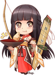  +_+ akagi_(warship_girls_r) arrow_(projectile) bare_shoulders black_eyes black_hair bow_(weapon) chibi commentary_request cup detached_sleeves eating female flight_deck floral_print full_body hair_ribbon japanese_clothes long_hair mtyy nontraditional_miko photoshop_(medium) ribbon sakazuki sarashi sash solo warship_girls_r weapon 